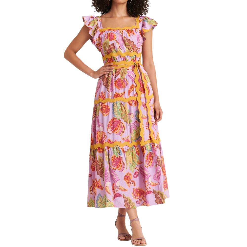 Farm Rio Lilac Beaks & Bananas Maxi Dress Size Small NWT
